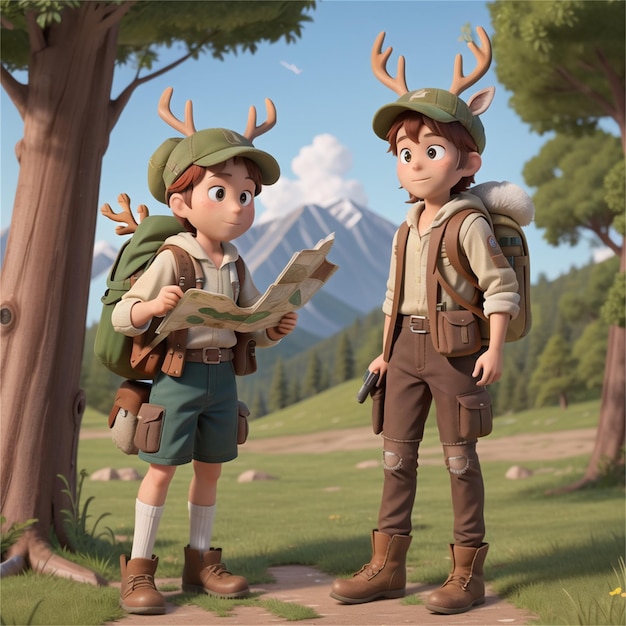 a cartoon illustration of a boy and a boy with antlers and a backpack with a mountain in the background.