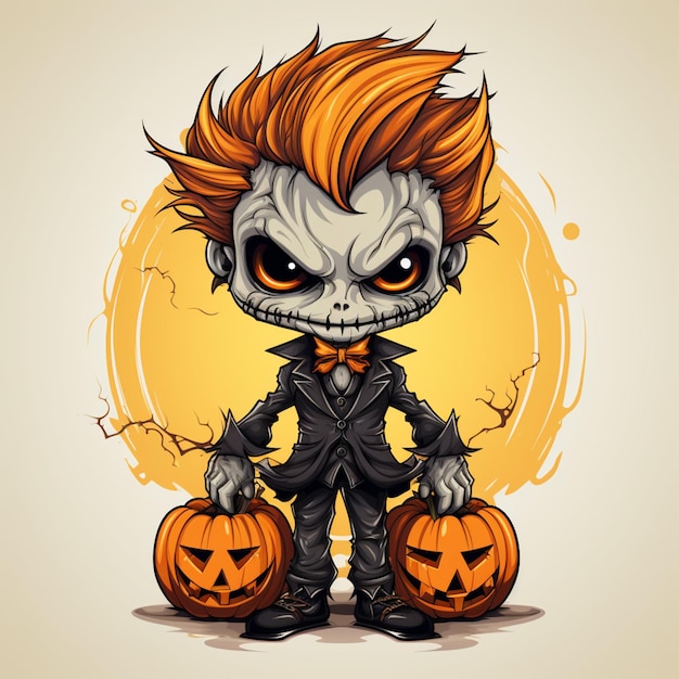 cartoon illustration of a boy dressed as a skeleton holding two jack o lanterns generative ai