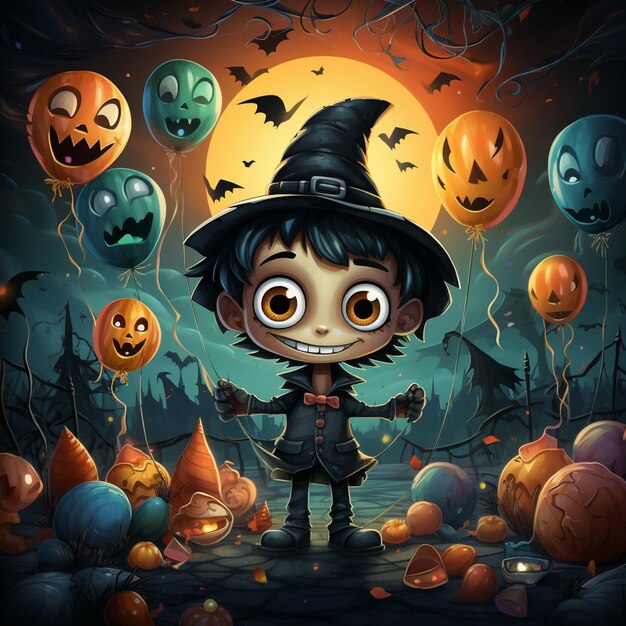 Иллюстрация мультфильма о мальчике, одетом в ведьму с воздушными шарами