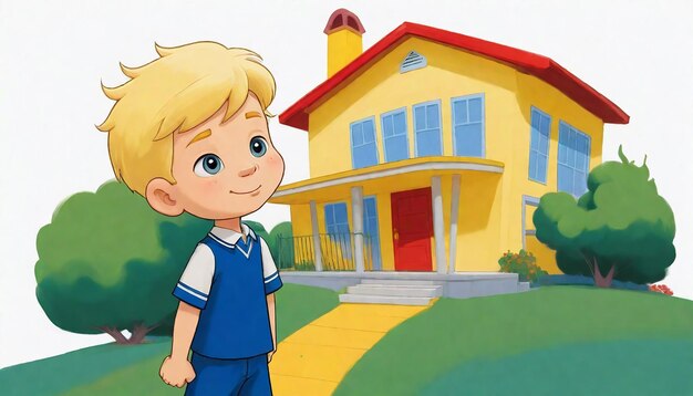 мультфильм с изображением мальчика перед домом с домом на заднем плане