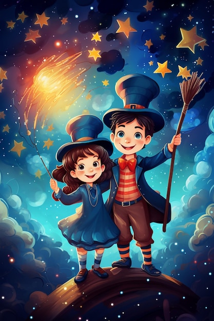 Photo cartoon illustration of a boy and girl dressed in costumes of wizard and wizard hat generative ai