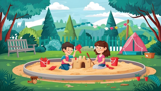 Foto un'illustrazione di cartone animato di un ragazzo e una ragazza che giocano in una scatola di sabbia con un albero sullo sfondo