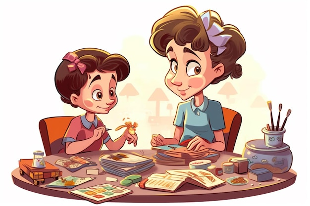 cartoon illustration of a boy and girl sitting at a table with a book and a pencil generative ai