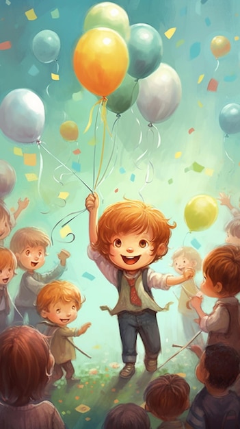 A cartoon illustration of a boy holding balloons and the words " happy birthday ".