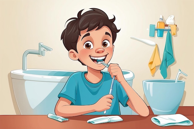 Cartoon illustration of a boy holding a tooth and a toothbrush