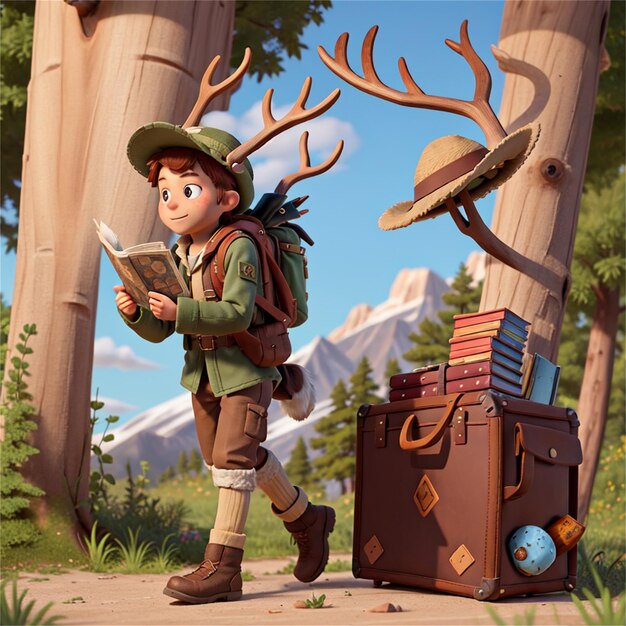 a cartoon illustration of a boy reading a book with a backpack and a suitcase.