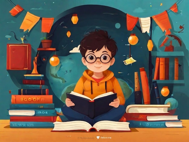 a cartoon illustration of a boy reading a book with the title quot the book quot