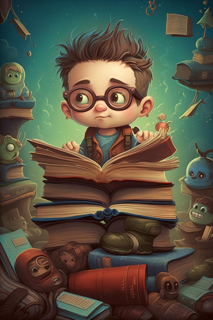 A cartoon illustration of a boy reading a book.