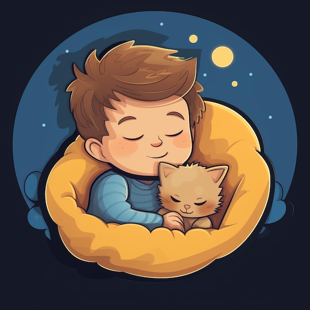 Cartoon illustration of a boy sleeping with a cat