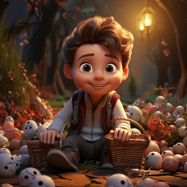 A cartoon illustration of a boy with a basket of Easter eggs