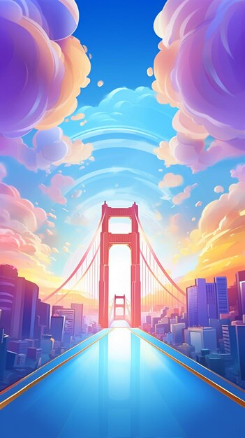 A cartoon illustration of a bridge with a city in the background generative ai