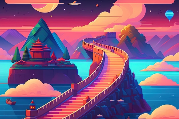 A cartoon illustration of a bridge with a mountain in the background.