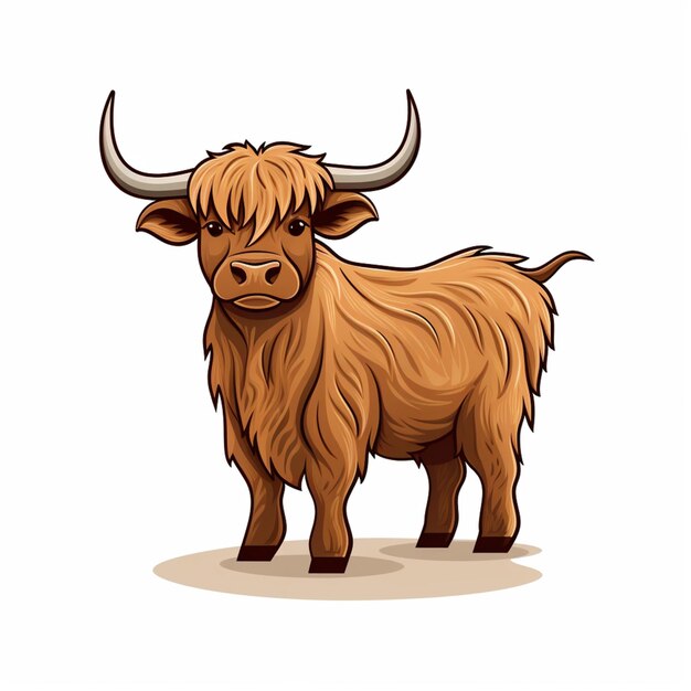 cartoon illustration of a brown cow with horns standing on a white background generative ai