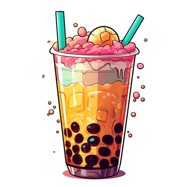 A cartoon illustration of bubble tea with a blue straw and a bubble tea cup