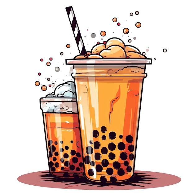 A cartoon illustration of bubble tea with a straw and bubble tea.