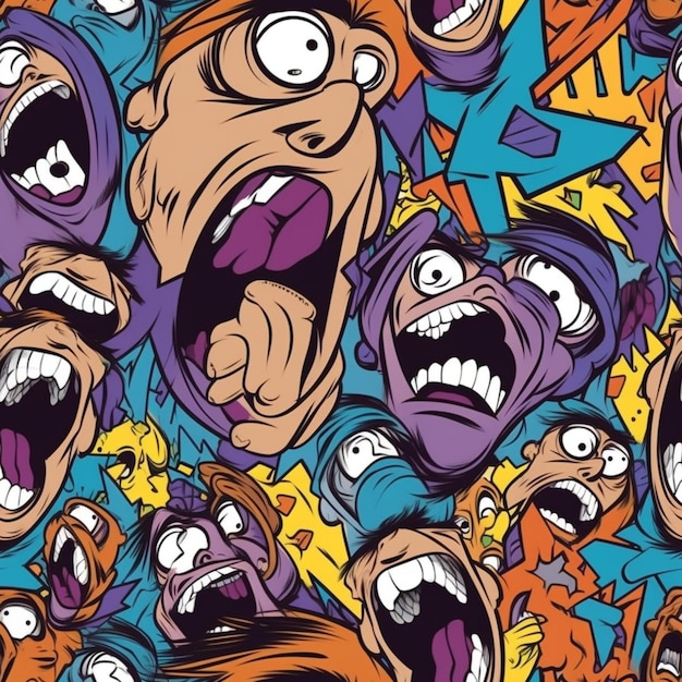 Cartoon illustration of a bunch of screaming faces