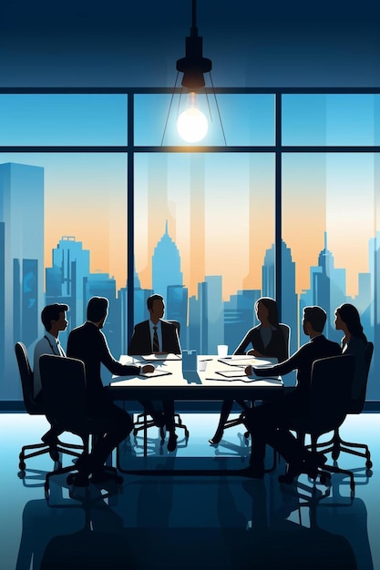 a cartoon illustration of business people in a meeting room with a cityscape in the background