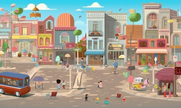 Foto illustrazione di cartone animato di una strada trafficata della città con persone e un autobus generativo ai
