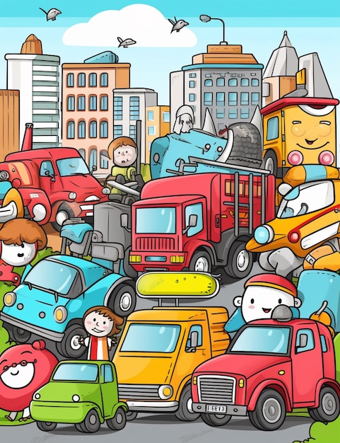Photo cartoon illustration of a busy city with cars and trucks generative ai