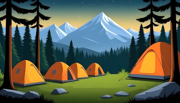 a cartoon illustration of a camp site with trees and mountains in the background