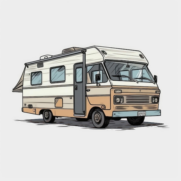 A cartoon illustration of a camper van