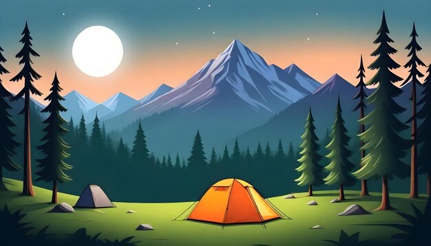 a cartoon illustration of a camping tent and a campfire