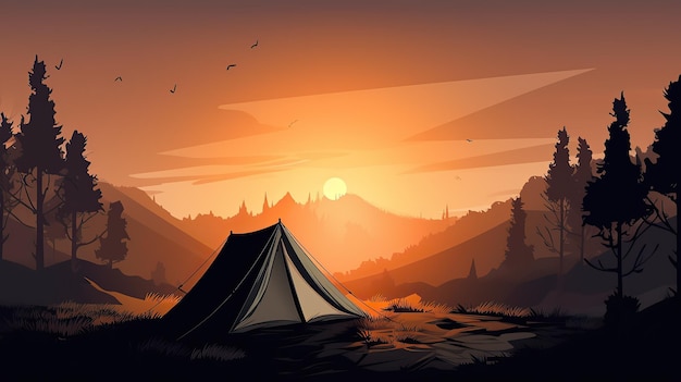 A cartoon illustration of a camping tent near a forest lake at sunset outdoor exploration travel