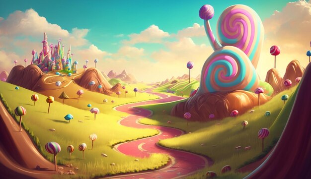 cartoon illustration of a candy land with a road and a snail generative ai