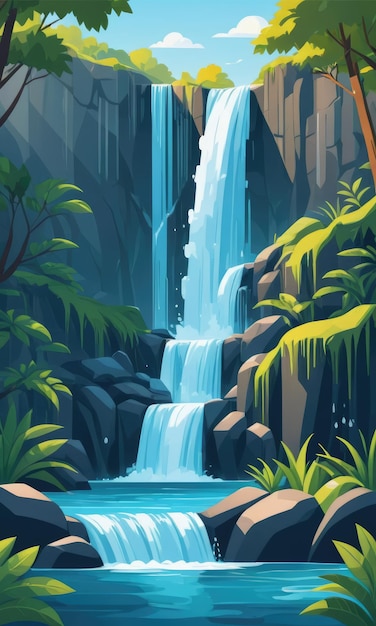 A cartoon illustration of a cascading waterfall against a serene water background