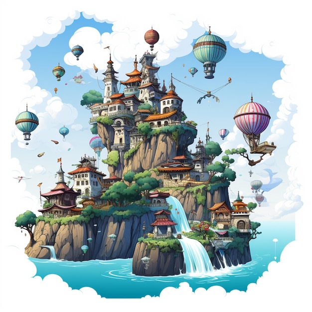 cartoon illustration of a castle on a cliff with a waterfall and hot air balloons generative ai