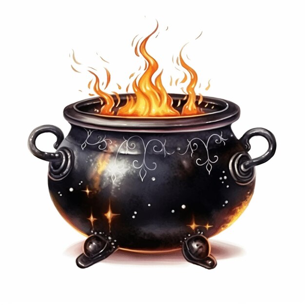 a cartoon illustration of a cauld with flames and stars generative ai