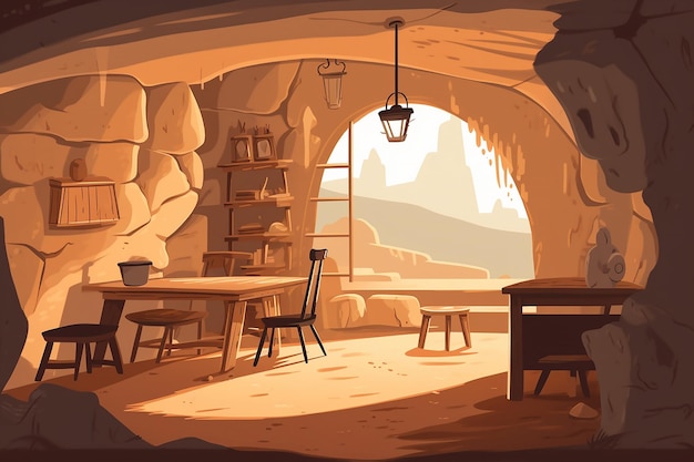 A cartoon illustration of a cave with a table and chairs.