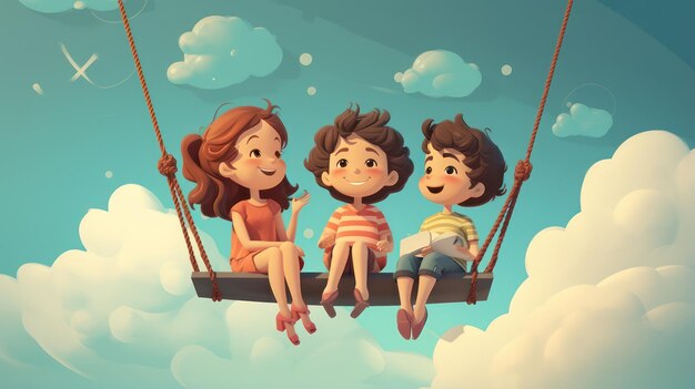 Photo cartoon illustration of cheerful children playing on a swing in summer