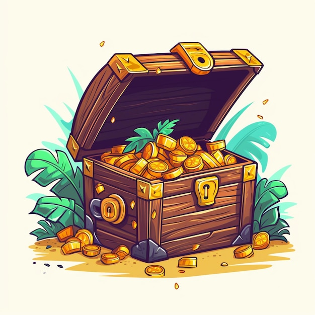 cartoon illustration of a chest full of gold coins generative ai