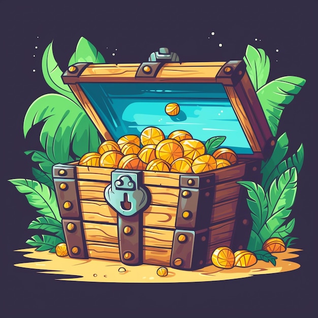 Photo cartoon illustration of a chest full of oranges with a lock generative ai