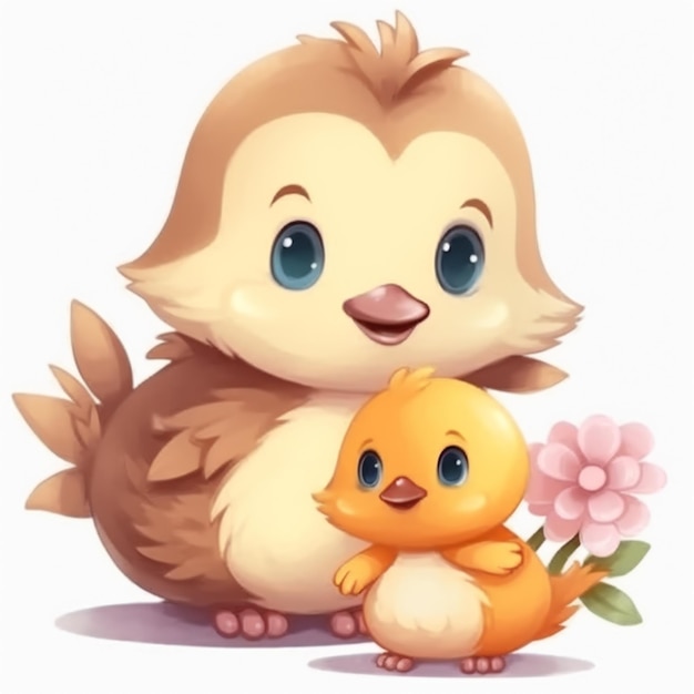 A cartoon illustration of a chicken and a baby bird