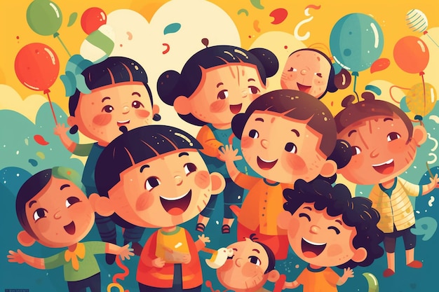 A cartoon illustration of children celebrating a birthday.