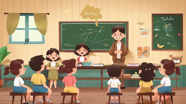 Photo a cartoon illustration of children in a classroom with a teacher reading a map on the wall