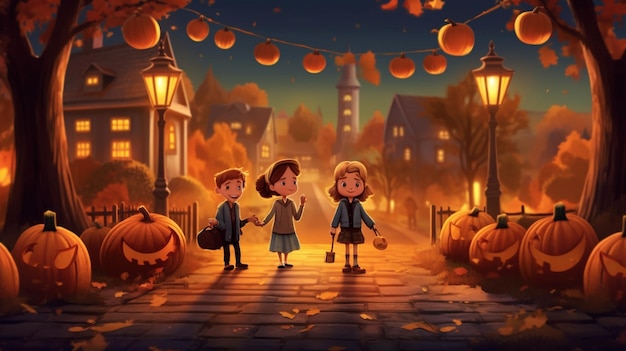 A cartoon illustration of children on a halloween night