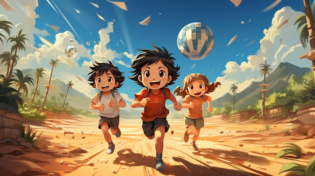 Cartoon illustration of children playing ball