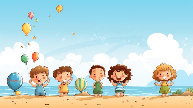 Cartoon illustration of children playing on the beach in summer