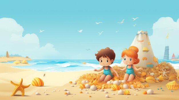 Cartoon illustration of children playing on the beach in summer