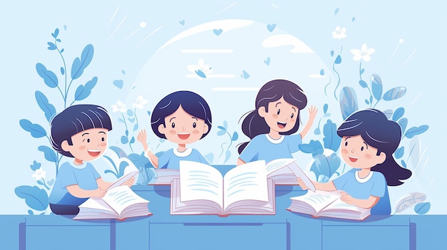 青い背景の部屋で本を読んでいる子供たちの漫画のイラスト