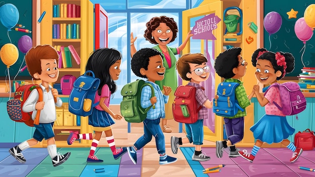 a cartoon illustration of children with a book called  kids