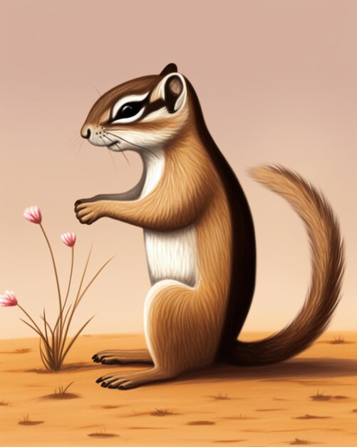 Photo cartoon illustration of a chipmunt standing on its hind legs and holding a flower generative ai