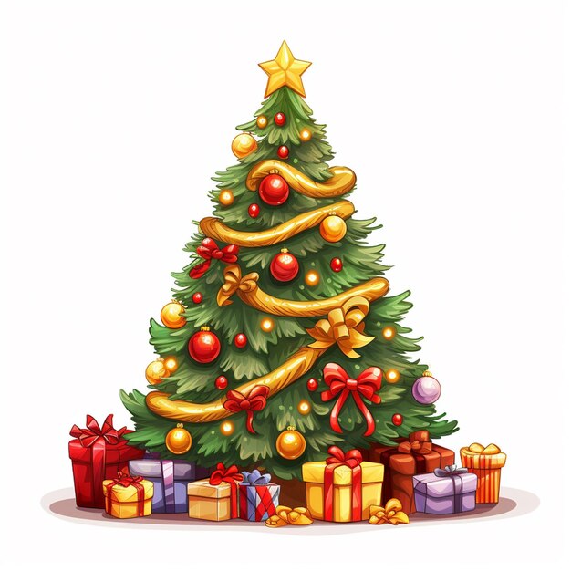 Cartoon illustration of christmas tree with gifts around it isolated on white background