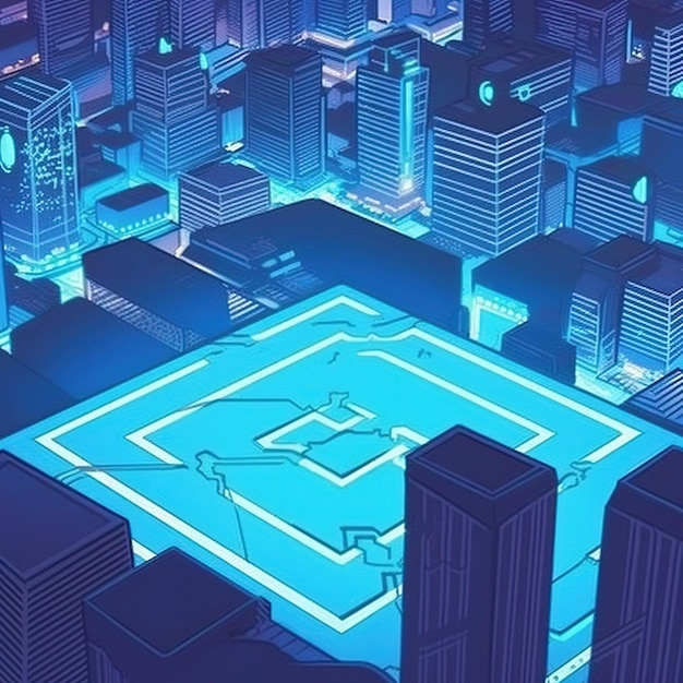 Мультяшная иллюстрация города с синим экраном, на котором написано: «Я не робот».