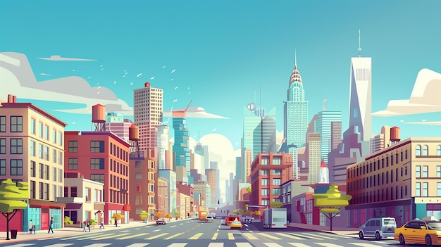 мультфильмная иллюстрация города с машиной, проезжающей через него
