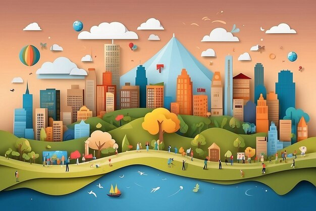 Photo a cartoon illustration of a city with a river and a city in the background