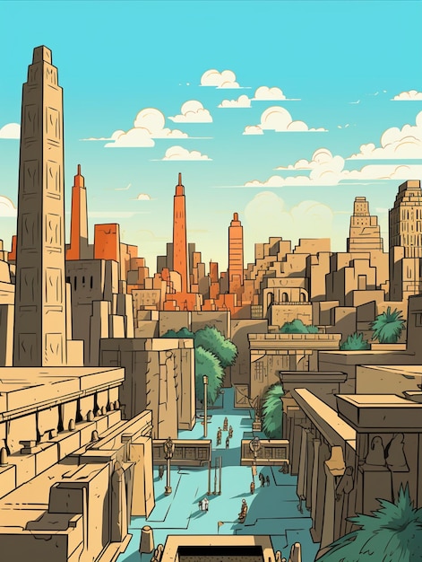 Photo cartoon illustration of a city with a river running through it generative ai